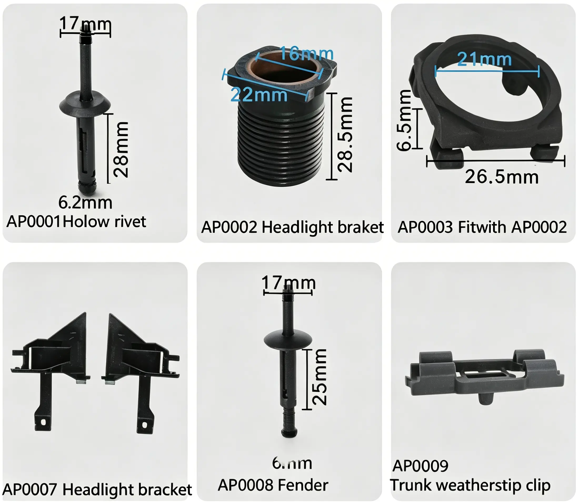 Headlight Bracket, Fender Clip, Hollow Rivet, Trunk Weatherstrip Clip