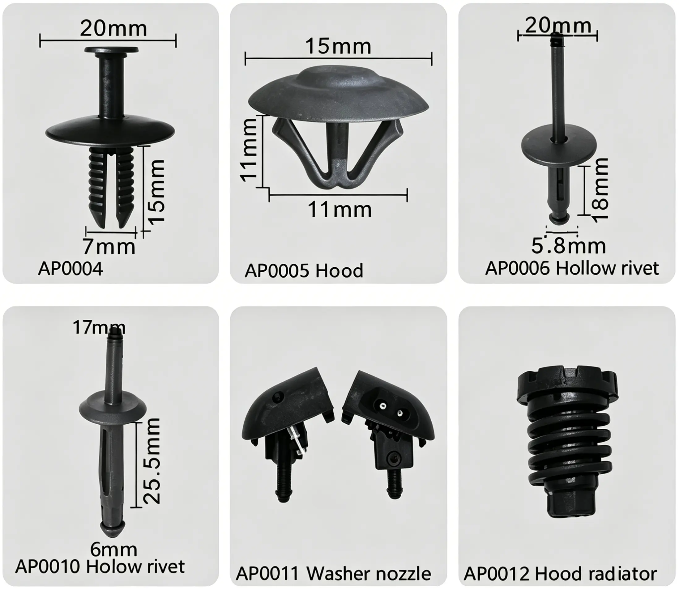 Hood Bracket, Hollow Rivet, Washer Nozzle Clip, Radiator Retainer