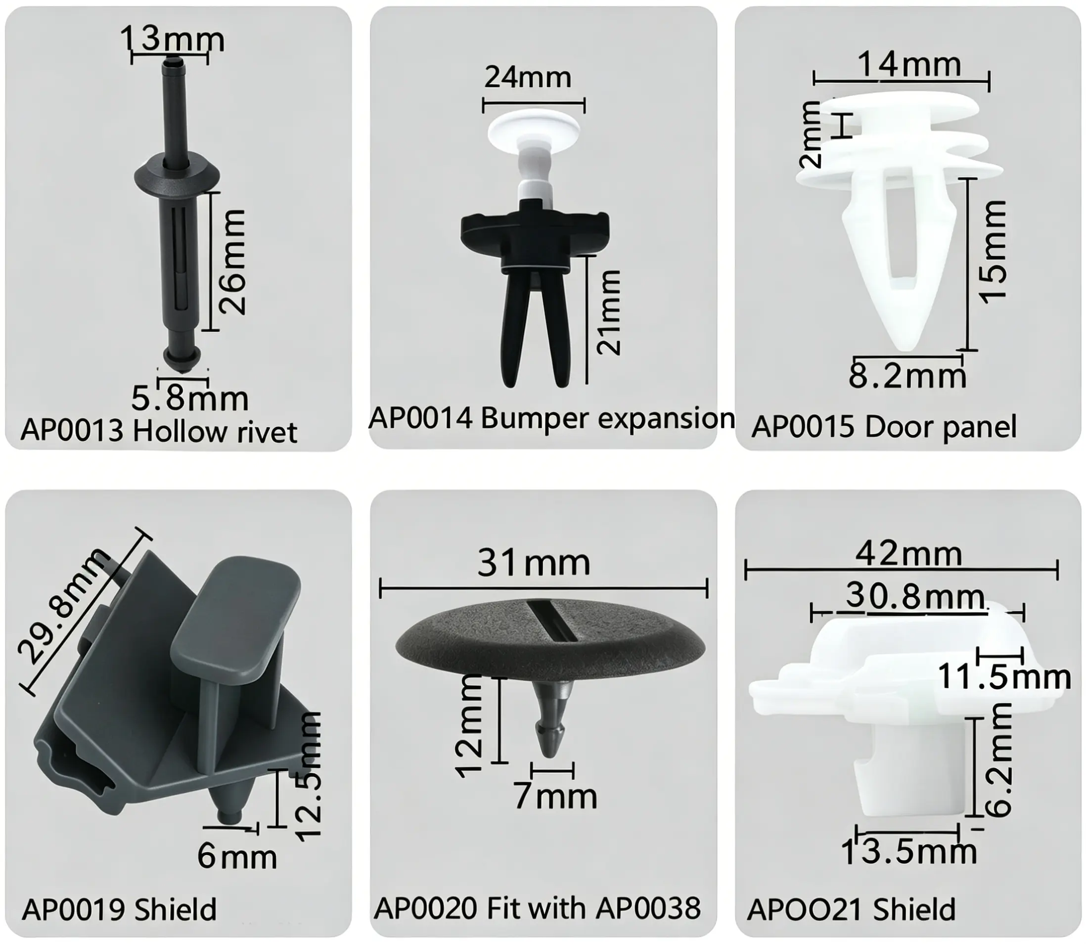 Hollow Rivet, Bumper Expansion Clip, Door Panel Clip, Shield Retainer