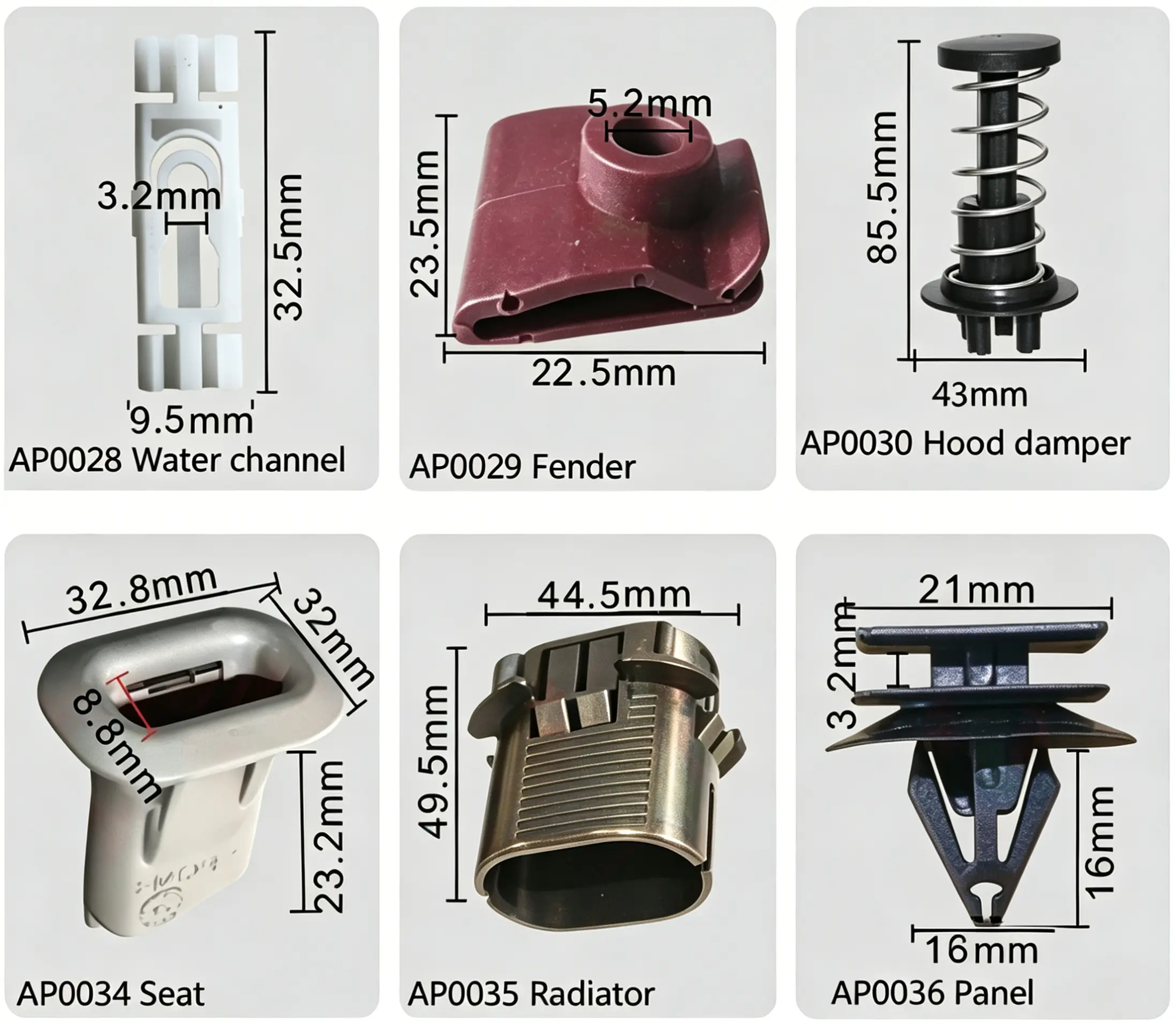 Water Channel Clip, Fender Clip, Hood Damper, Seat Clip, Radiator Retainer, Panel Clip