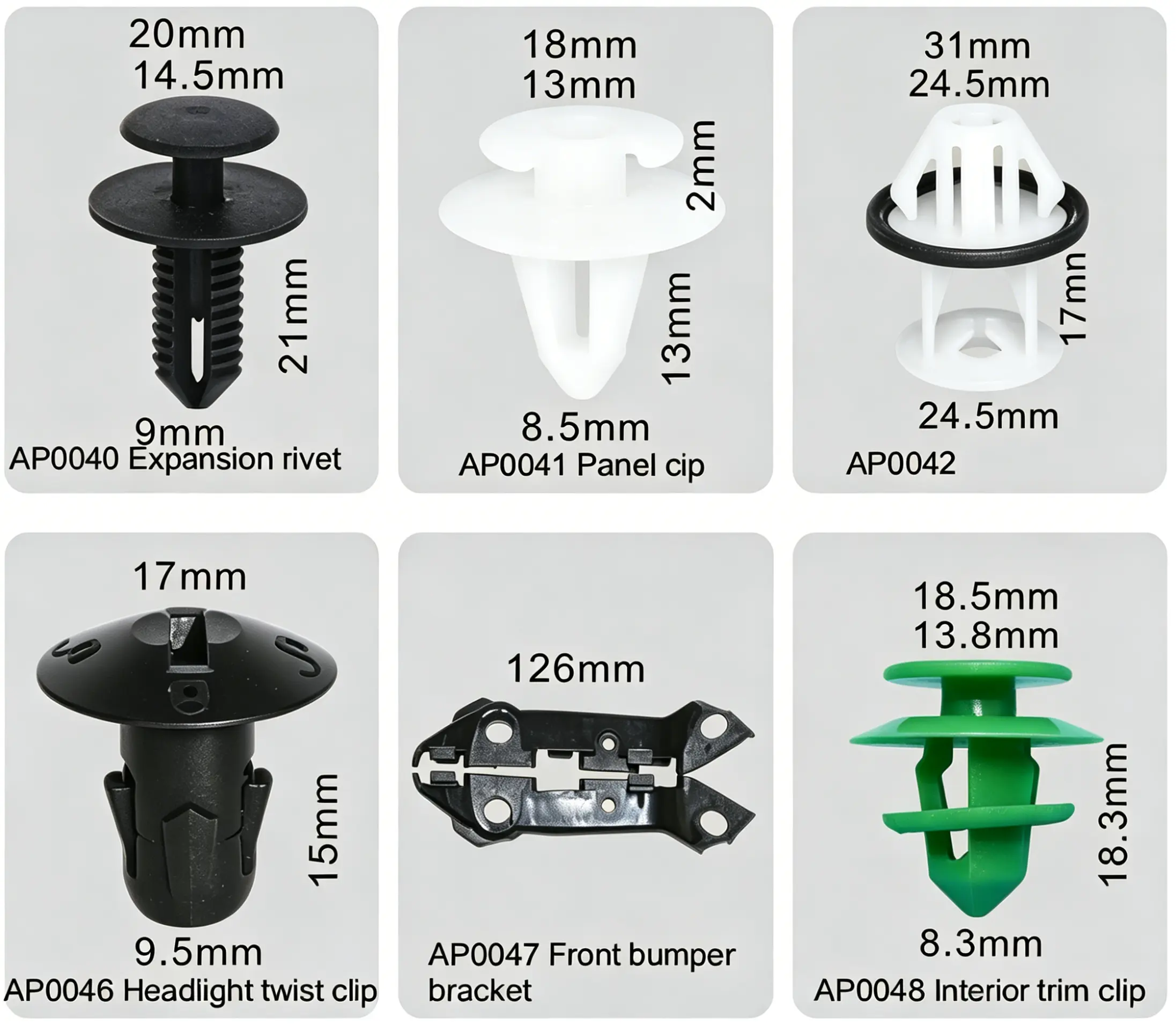 Expansion Rivet, Panel Clip, Headlight Twist Clip, Front Bumper Bracket, Interior Trim Clip