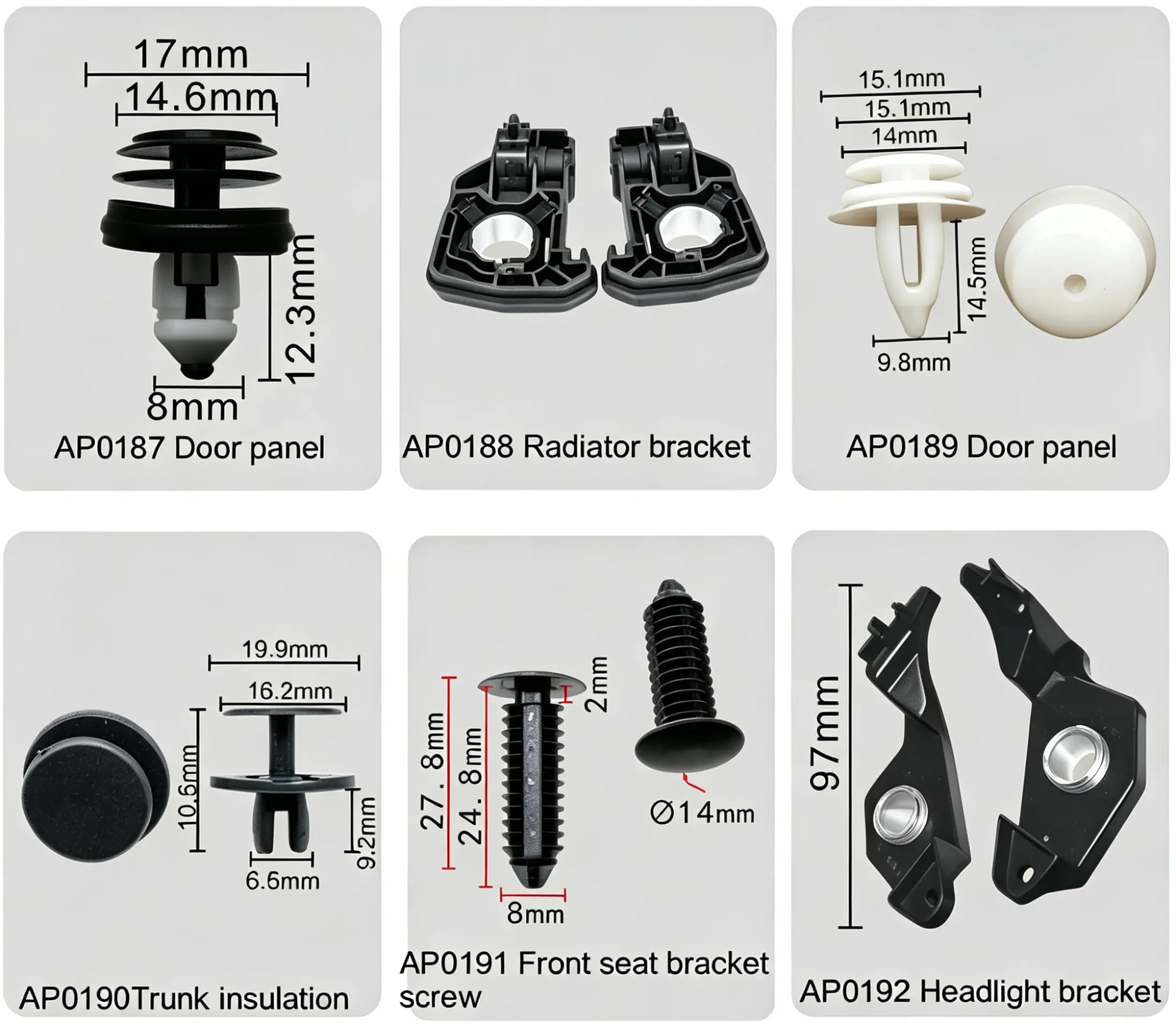 Door Panel Clip, Radiator Bracket, Trunk Insulation Screw, Front Seat Bracket Screw, Headlight Brack