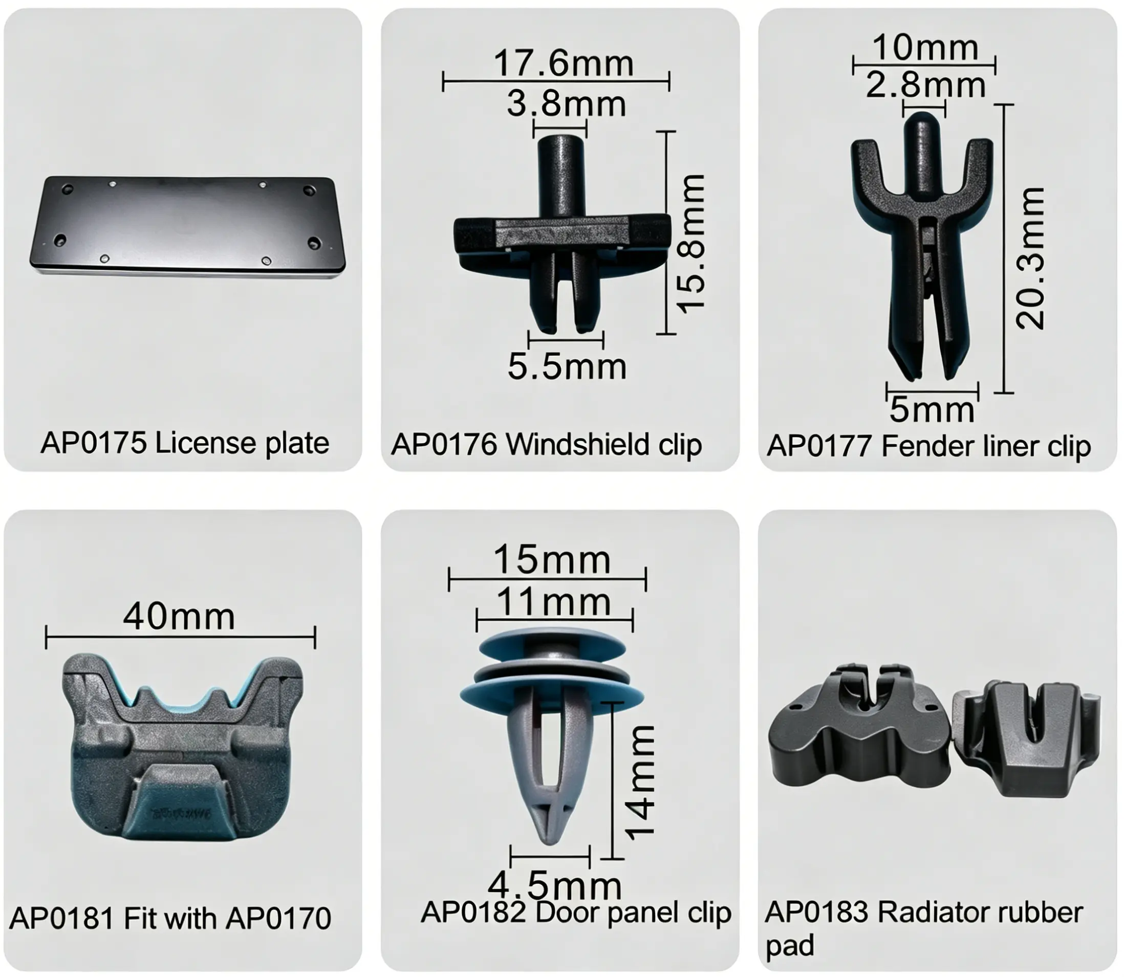 License Plate Clip, Windshield Clip, Fender Liner Clip, Door Panel Clip, Radiator Rubber Mount