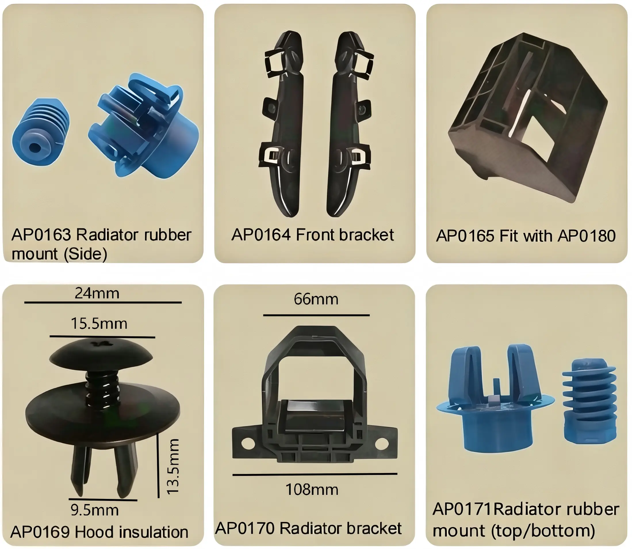 Radiator Rubber Mount, Front Bracket, Hood Insulation Clip, Radiator Bracket