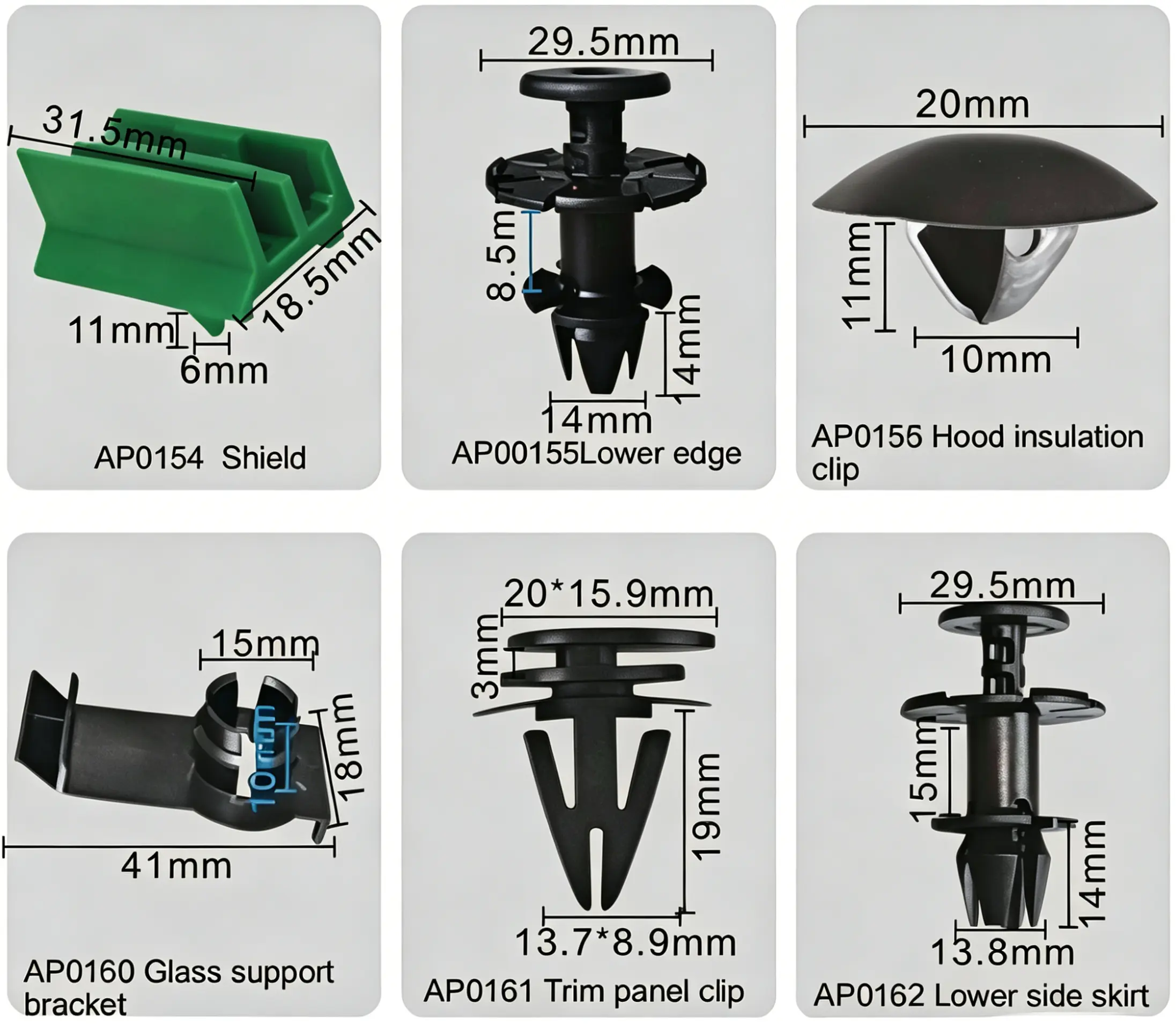 Shield Clip, Lower Edge Clip, Hood Insulation Clip, Glass Support Bracket, Trim Panel Clip