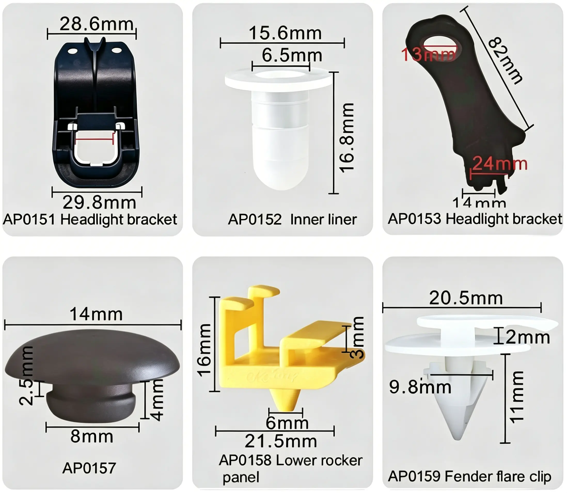 Headlight Bracket, Inner Liner Clip, Fender Flare Clip, Lower Rocker Panel Clip