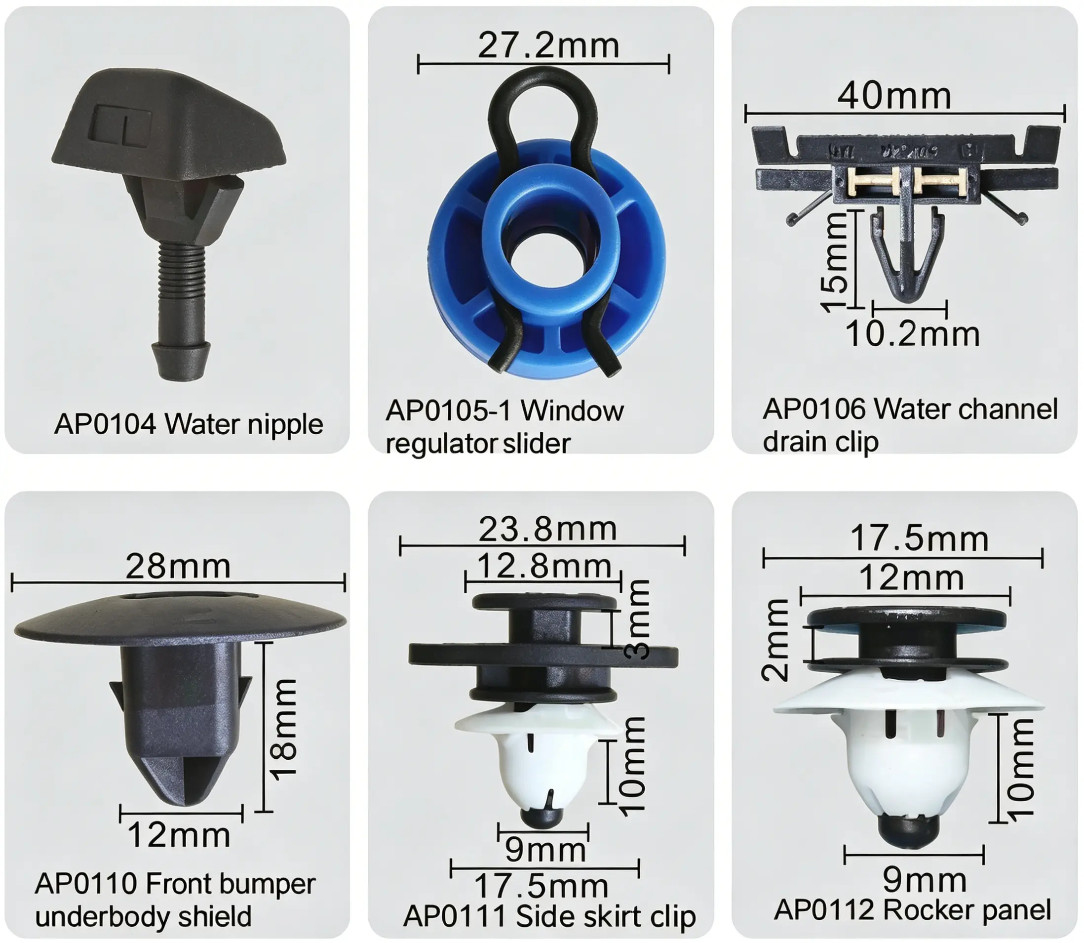 Water Nipple, Window Regulator Slider, Water Channel Drain Clip, Front Bumper Underbody Shield Clip