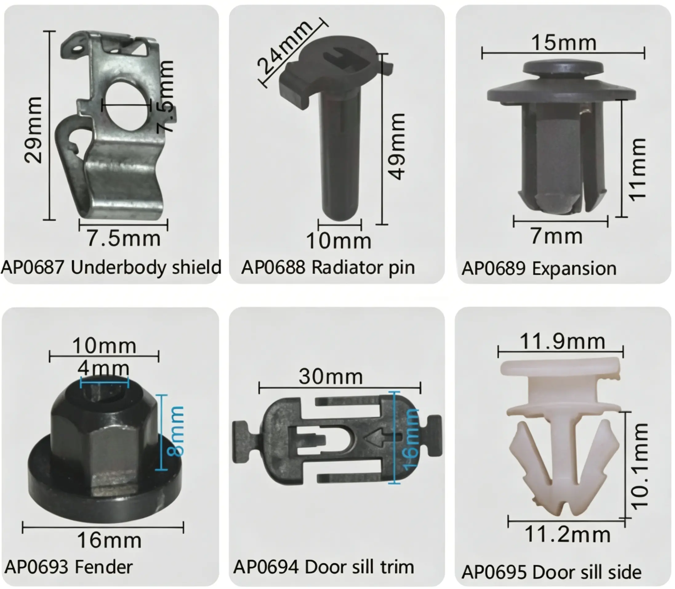Underbody Shield Clip, Radiator Pin, Expansion Clip, Fender Clip, Door Sill Trim Clip