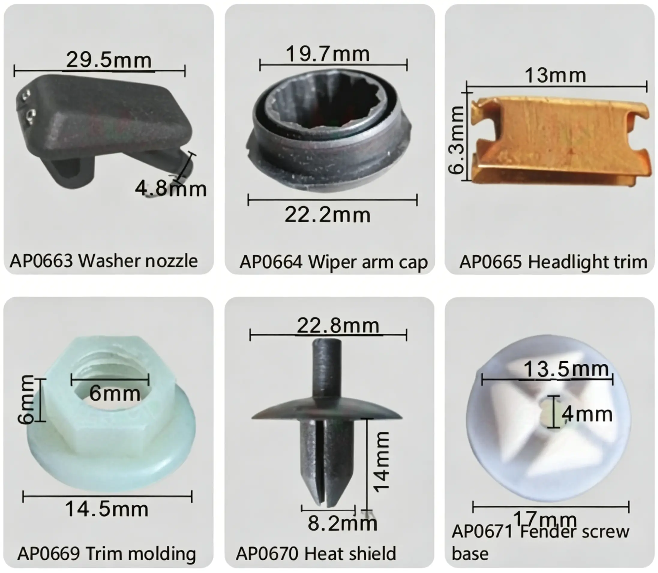 Washer Nozzle Clip, Wiper Arm Cap, Headlight Trim Clip, Trim Molding Clip, Heat Shield Clip, Fender 