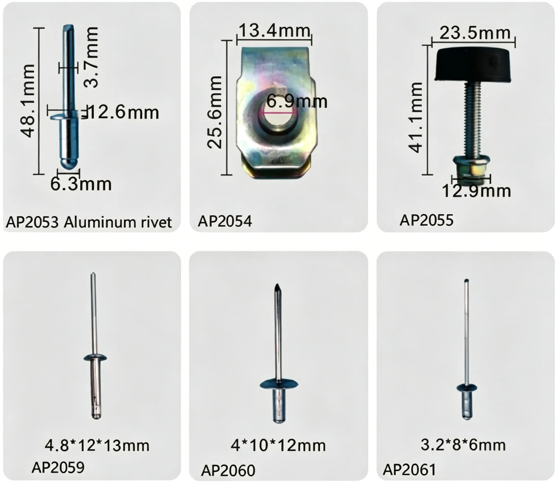 Automotive Aluminum Blind Rivets, U Spring Nuts & Rubber Head Fixing Bolts