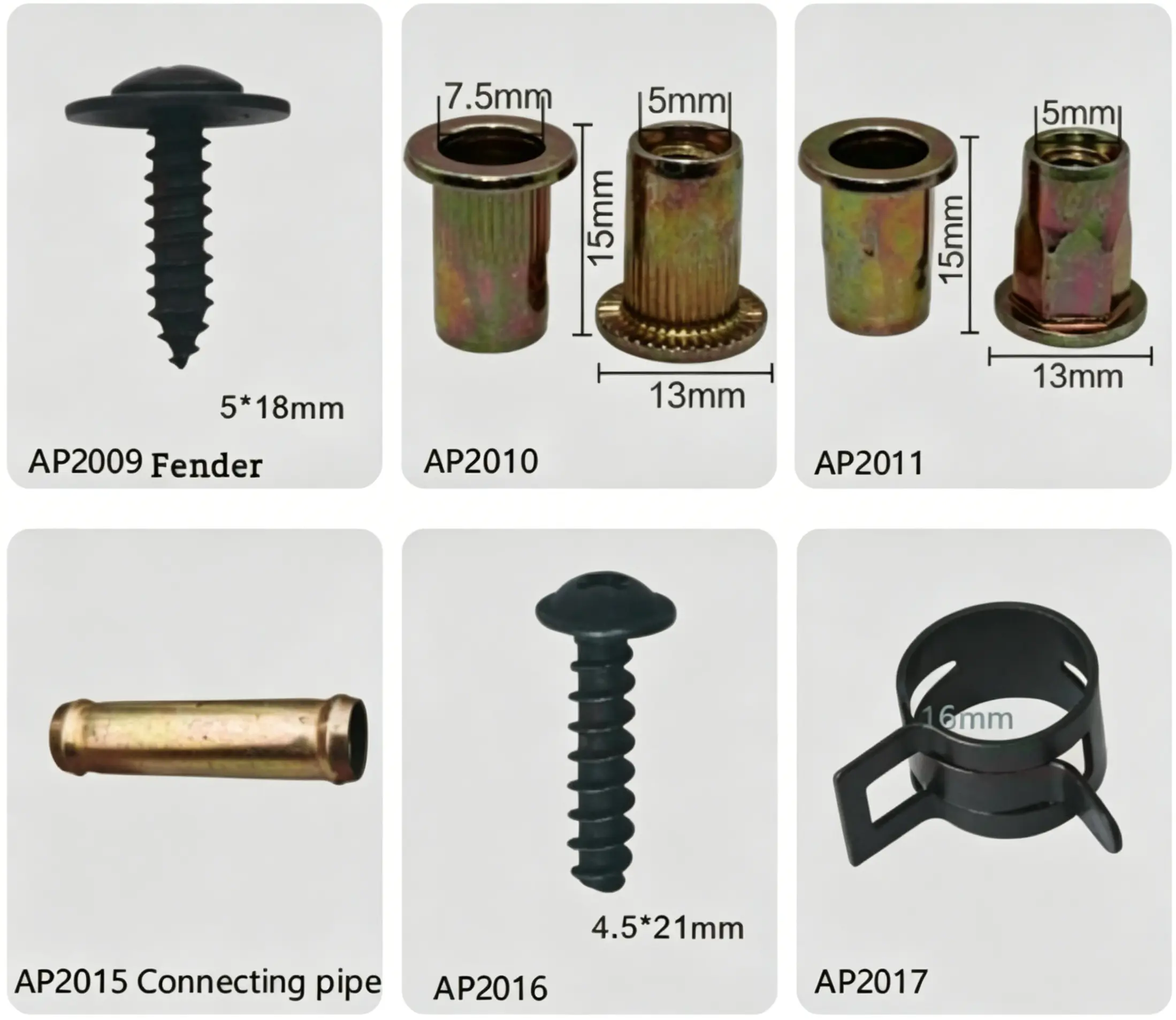Automotive Fender Self Tapping Screws, Flanged Rivet Nuts, Straight Connecting Pipe & Hose Clamp