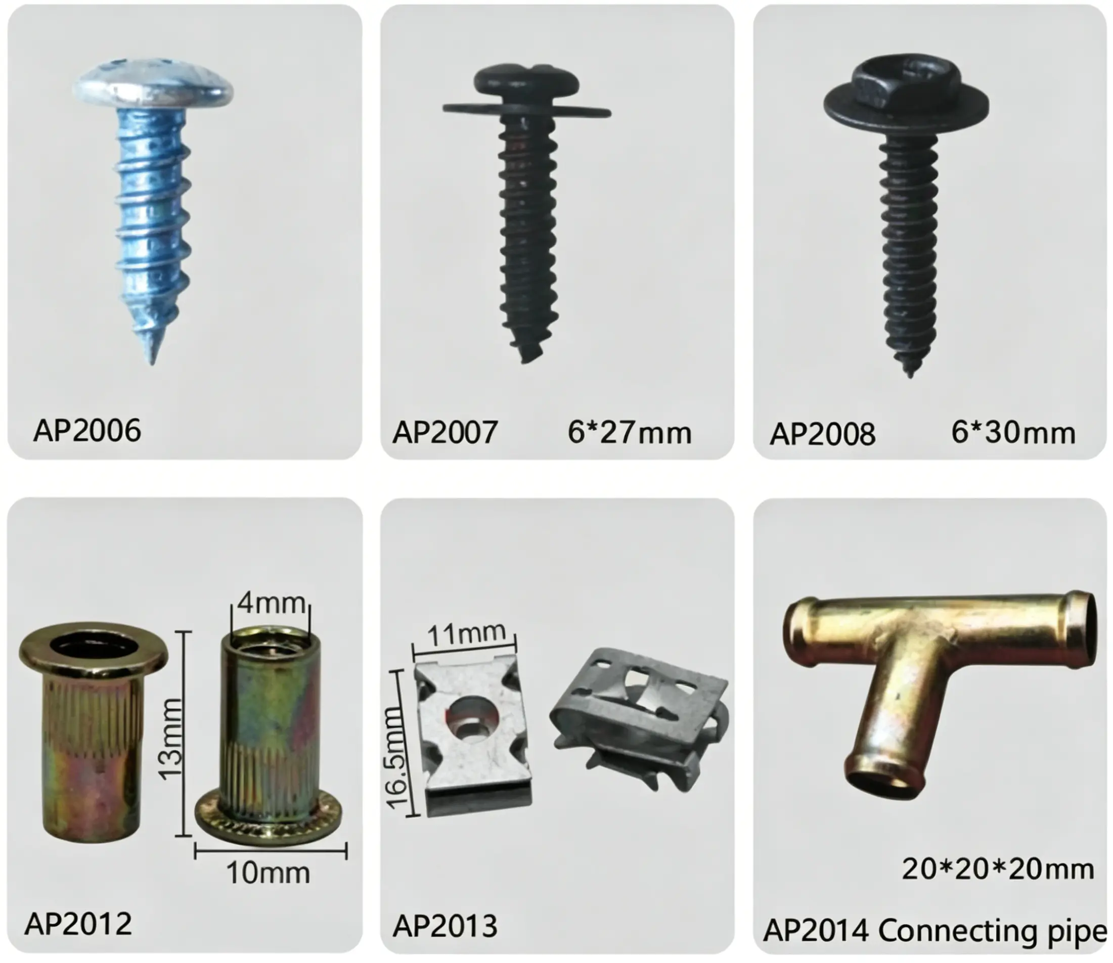 Automotive Multi-Type Self Tapping Screws, Rivet Nuts, Square U Clips & T Shaped Connecting Pipe