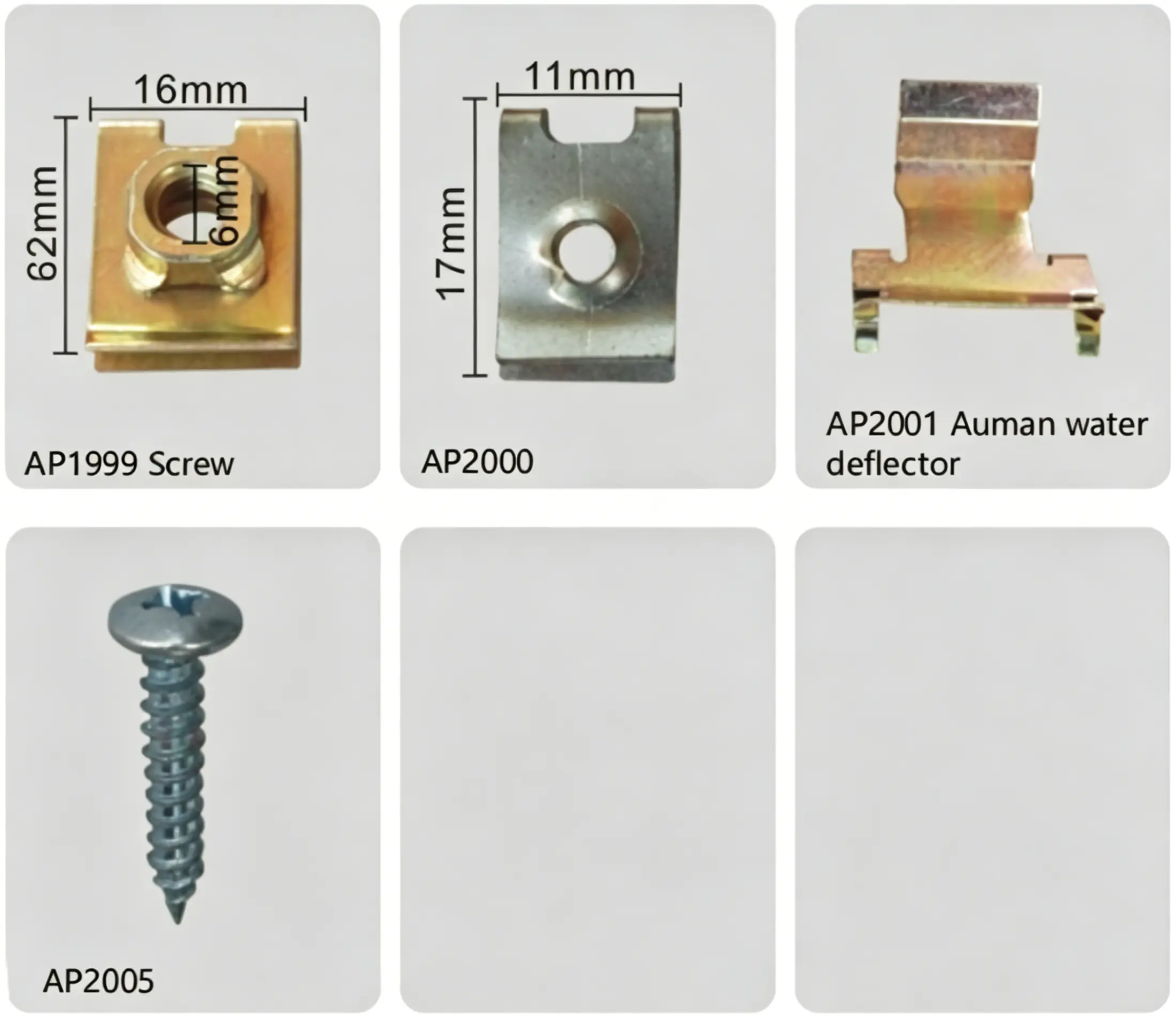 Automotive Square U Spring Nuts, Auman Water Deflector Clips & Cross Head Self Tapping Screws