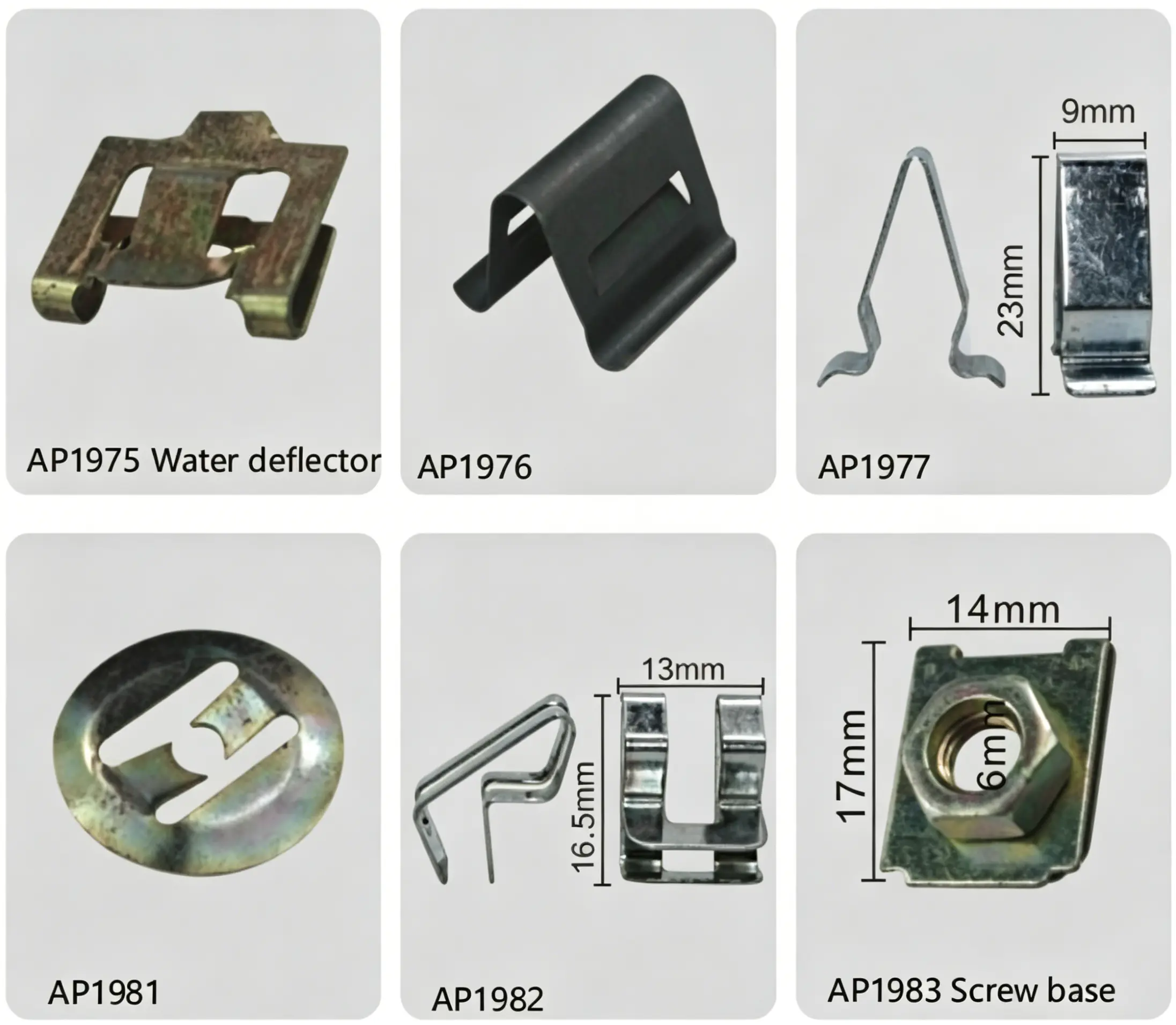 Automotive Water Deflector Clips, U-Bend Spring Clips, V-Wire Retainers & Hex Nut Base Brackets