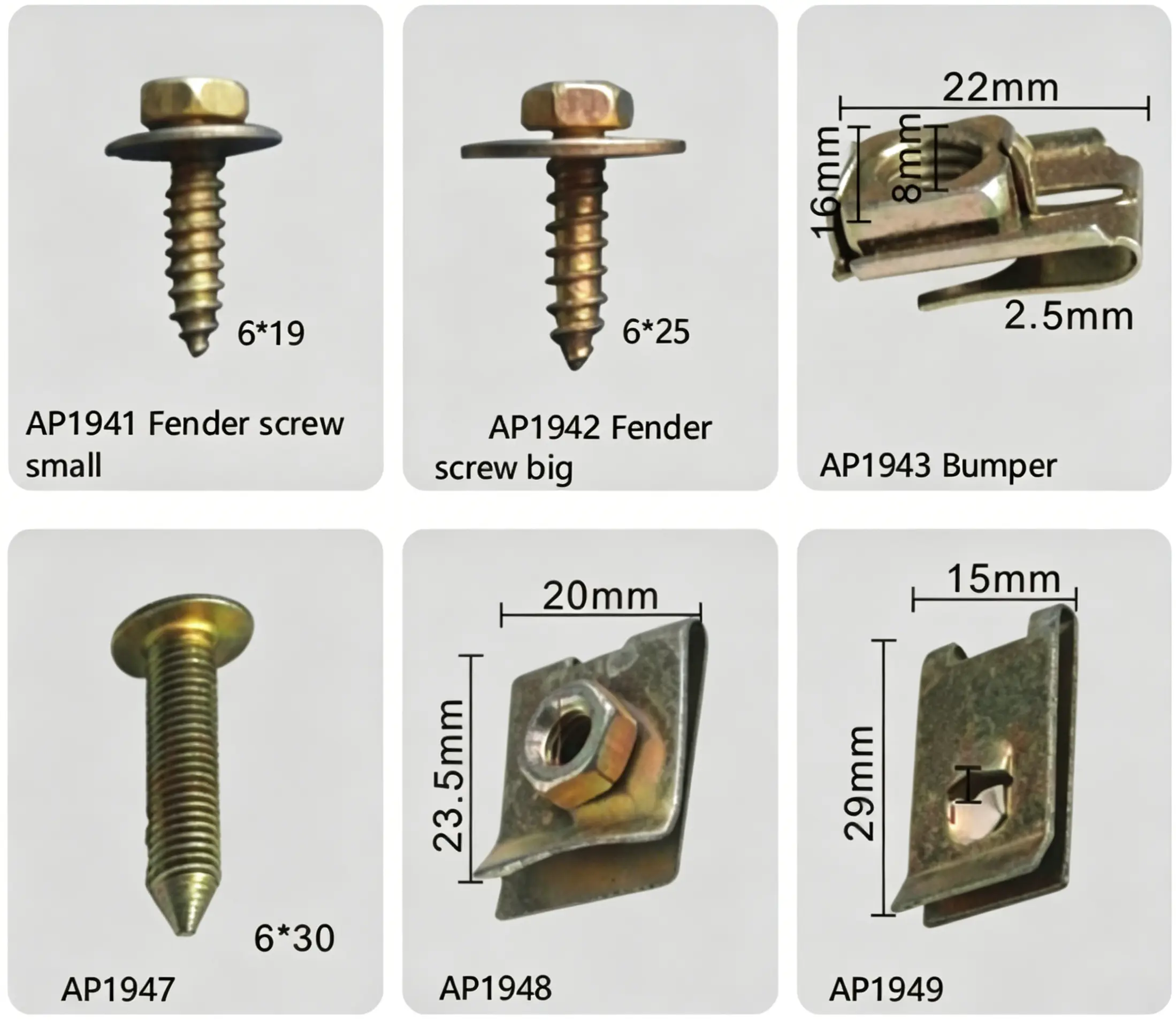 Automotive Fender Hex Flange Screws, Bumper U Spring Clips & Mounting Nut Brackets
