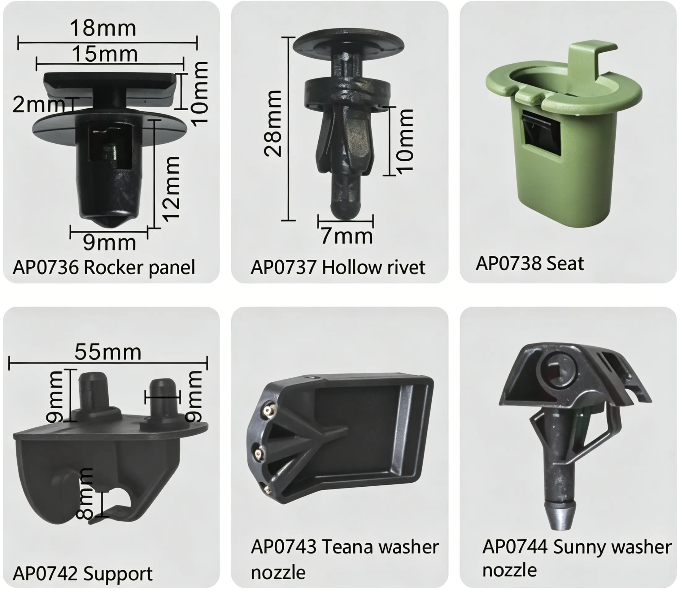Nissan Rocker Panel, Hollow Rivet, Seat, Support & Windshield Washer Nozzle Clips