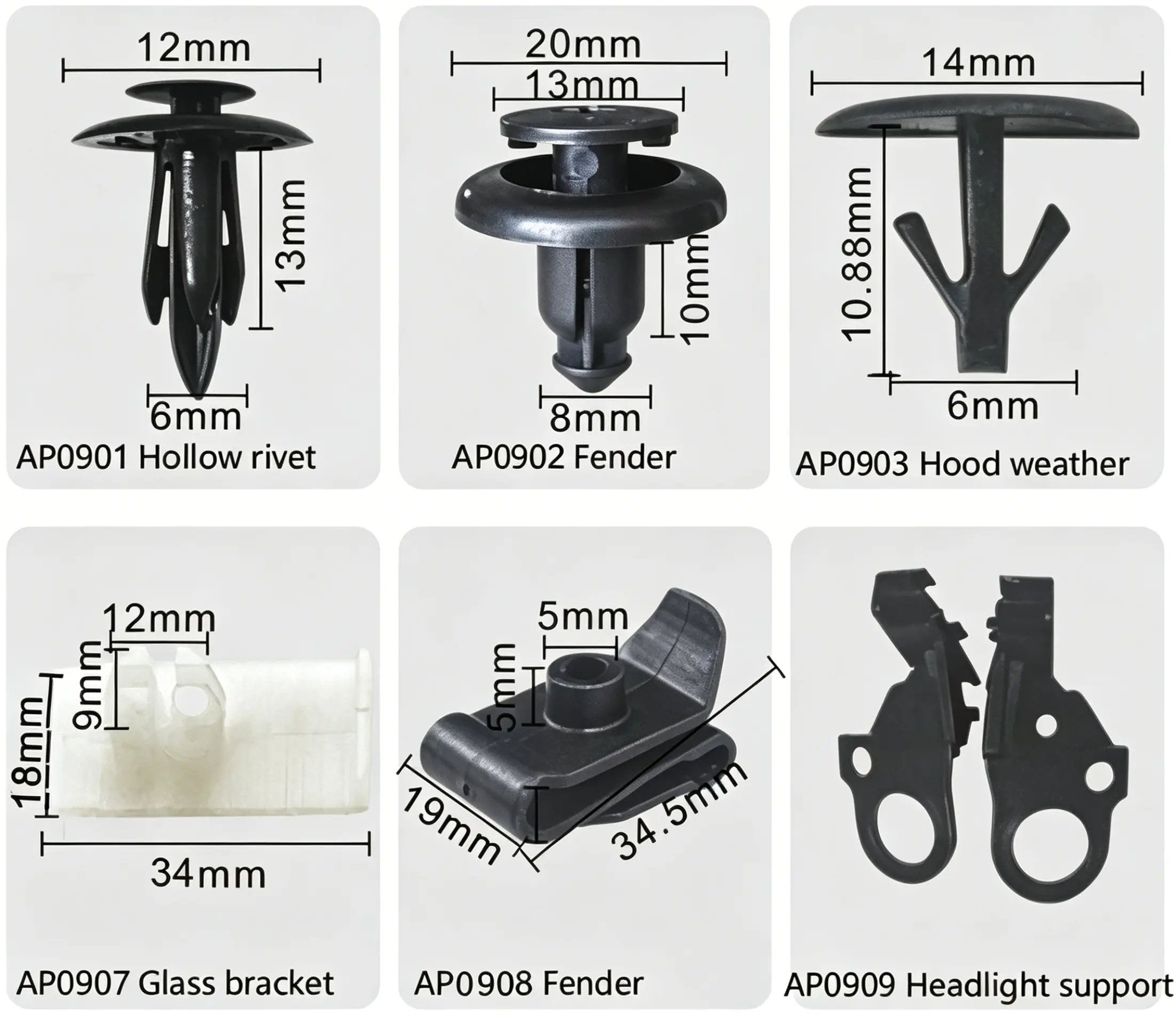 Mazda Auto Plastic Clips for Hollow Rivet, Fender, Hood Weather, Glass Bracket & Headlight Support