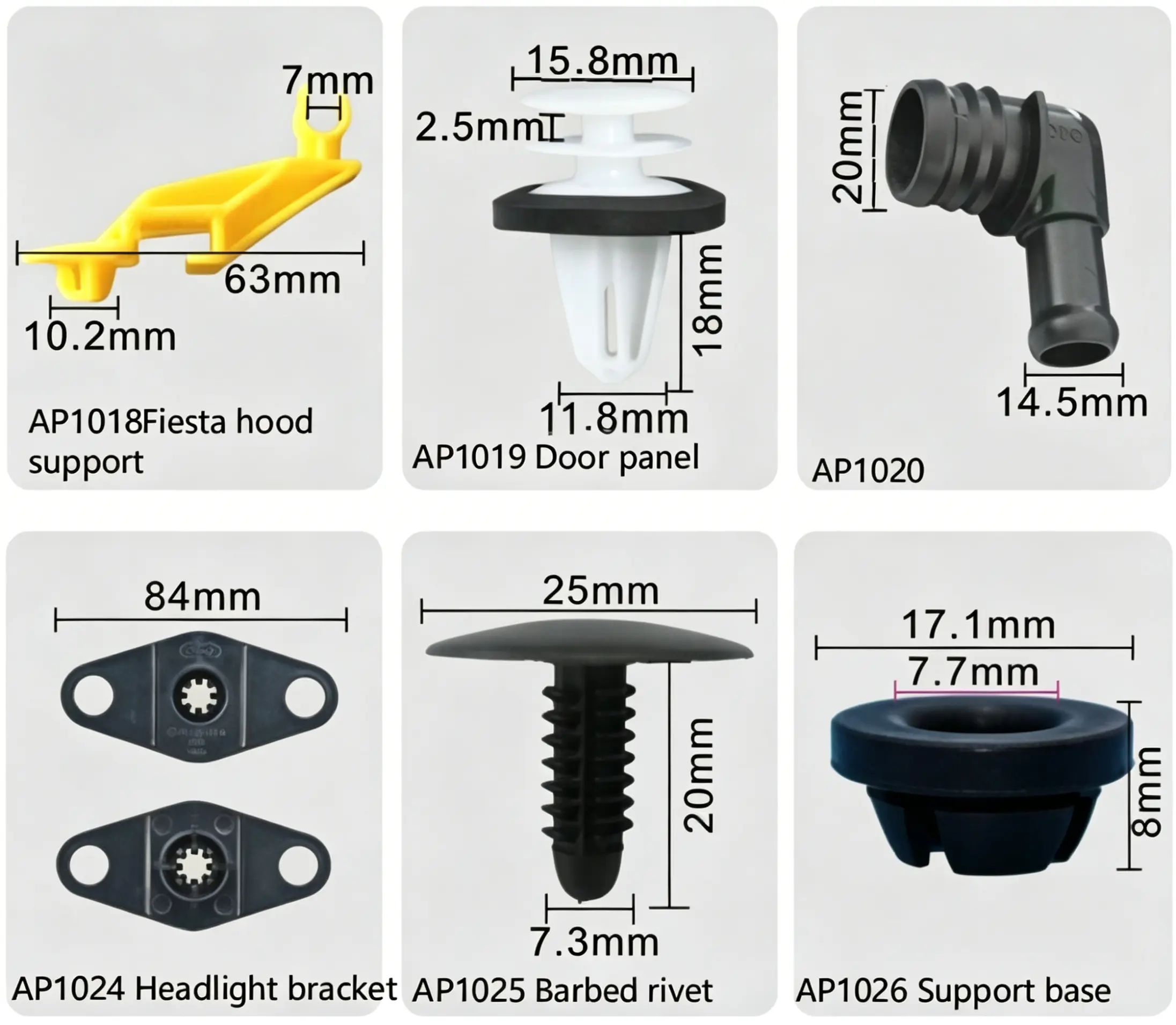 Ford Fiesta Hood Support, Door Panel, Headlight Bracket, Barbed Rivet & Support Base Clips