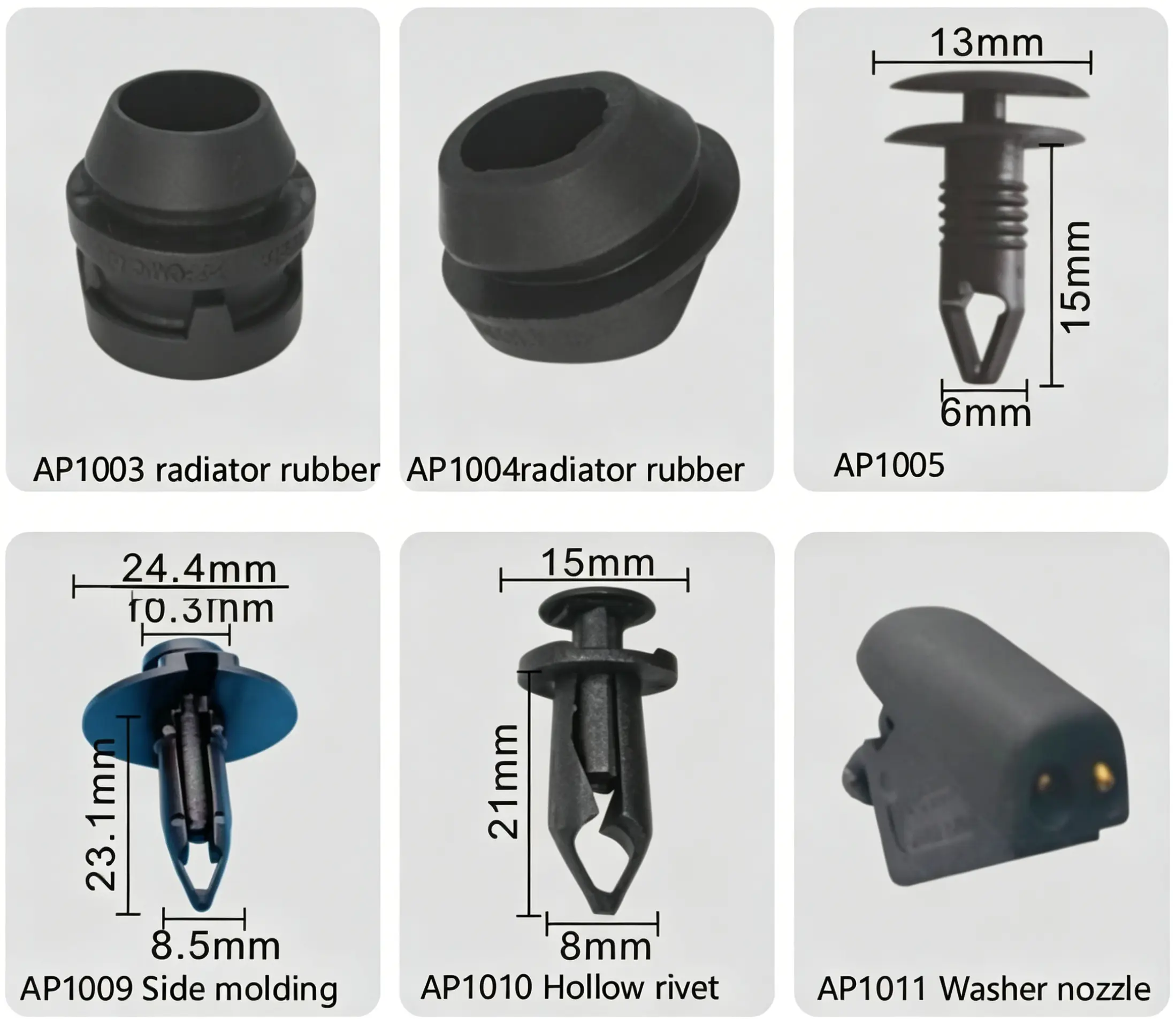 Ford Radiator Rubber, Hollow Rivet, Side Molding & Windshield Washer Nozzle Fasteners