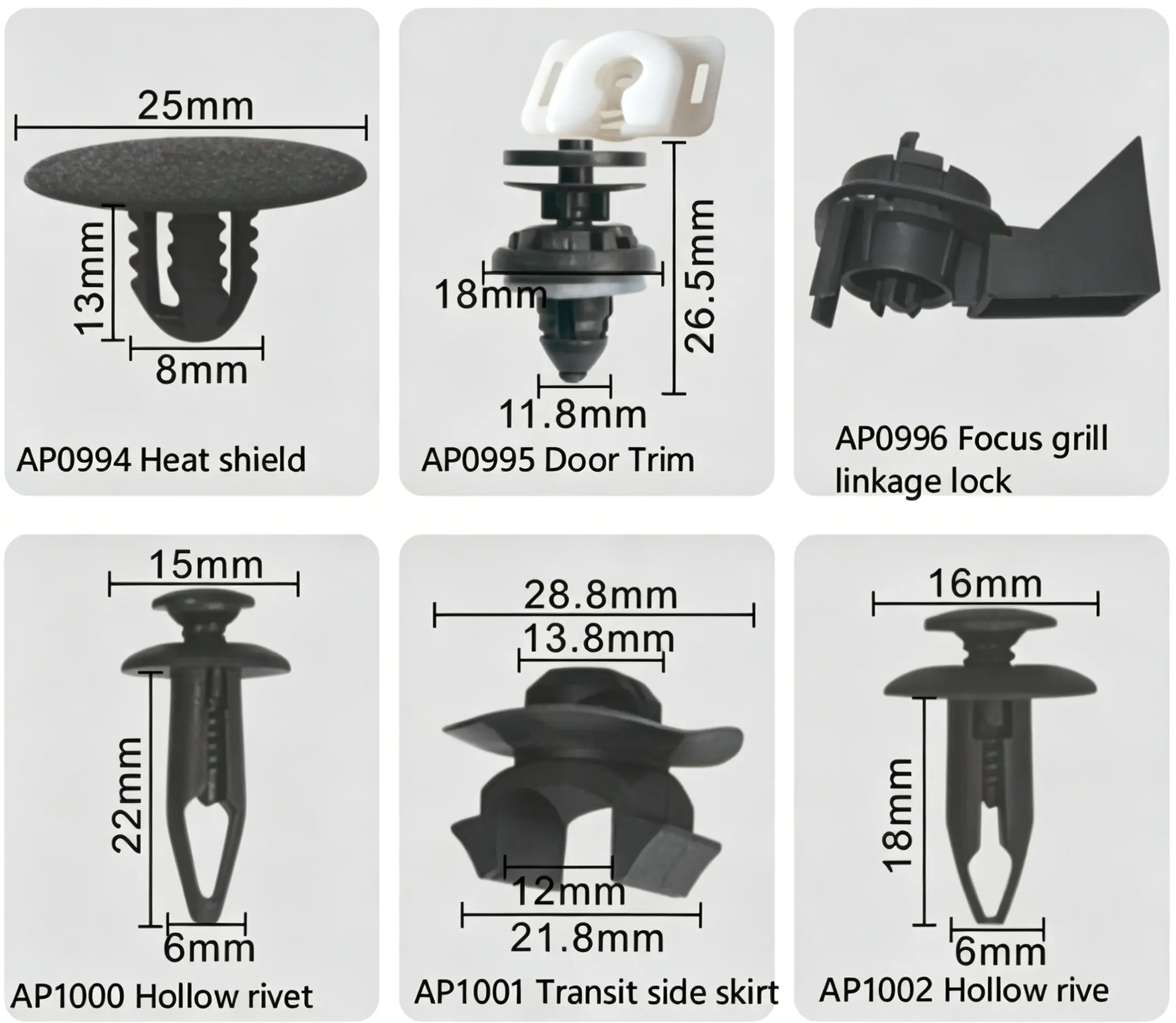 Ford Heat Shield, Door Trim, Focus Grill, Hollow Rivet & Transit Side Skirt Clips