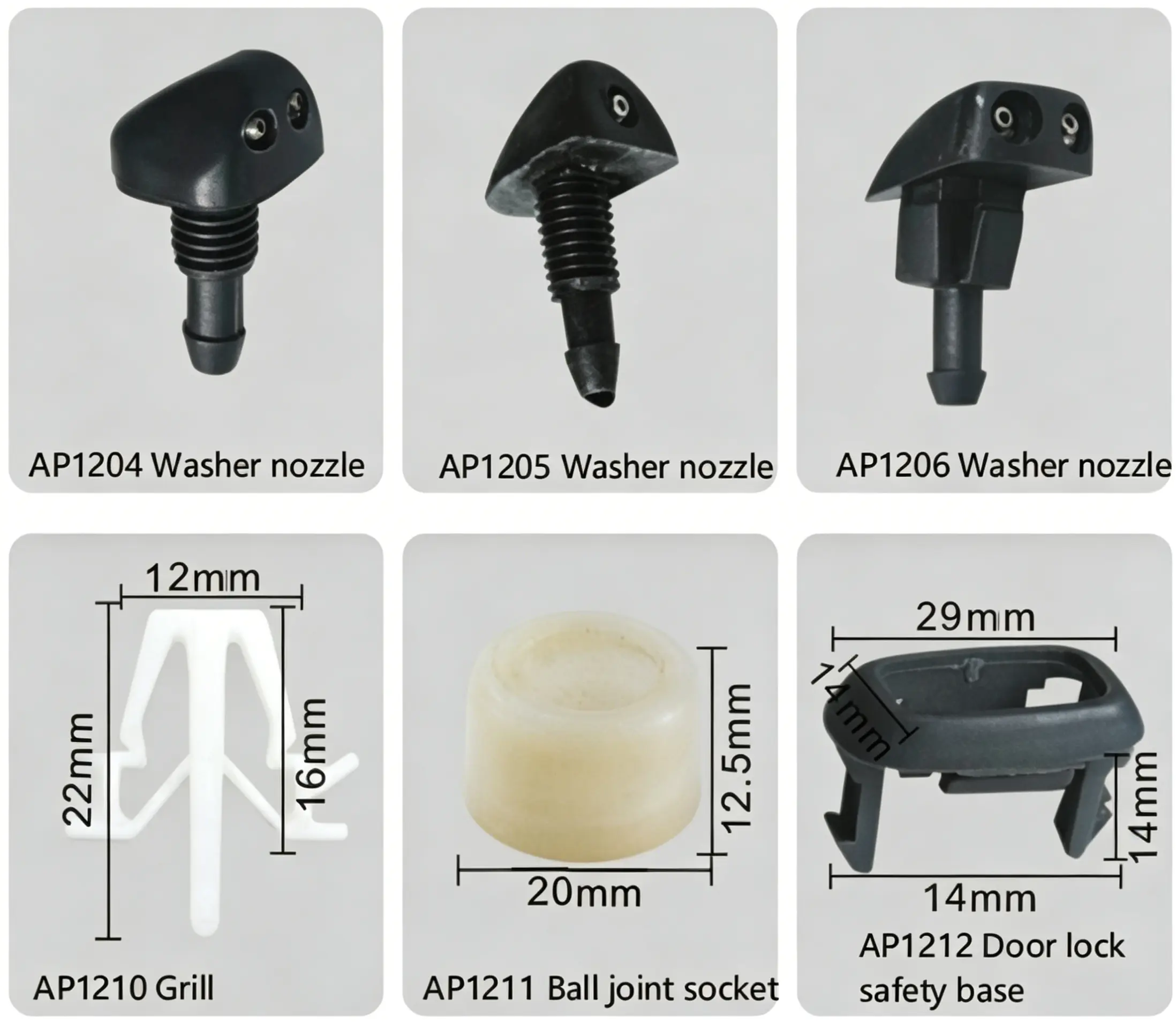 Pickup Windshield Washer Nozzles, Grill Clip, Ball Joint Socket & Door Lock Safety Base