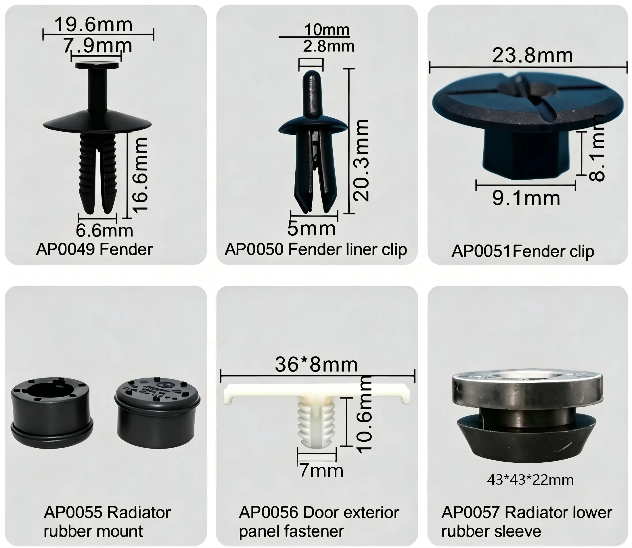 Fender Clip, Fender Liner Clip, Radiator Rubber Mount, Door Exterior Panel Fastener