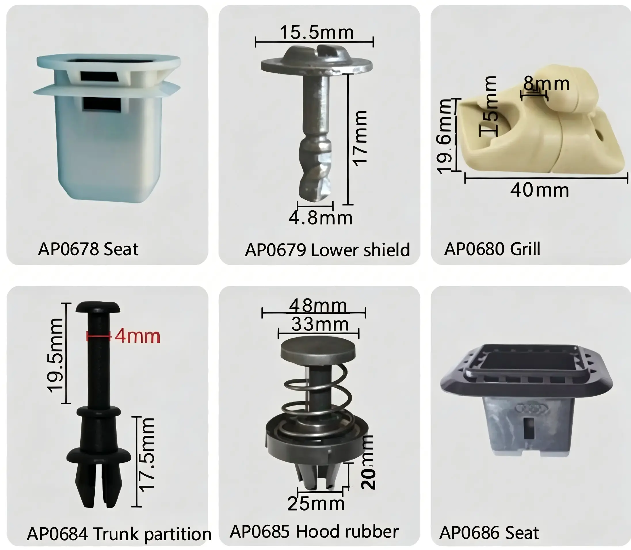 Seat Clip, Lower Shield Clip, Grill Clip, Trunk Partition Clip, Hood Rubber Bumper, Seat Retainer