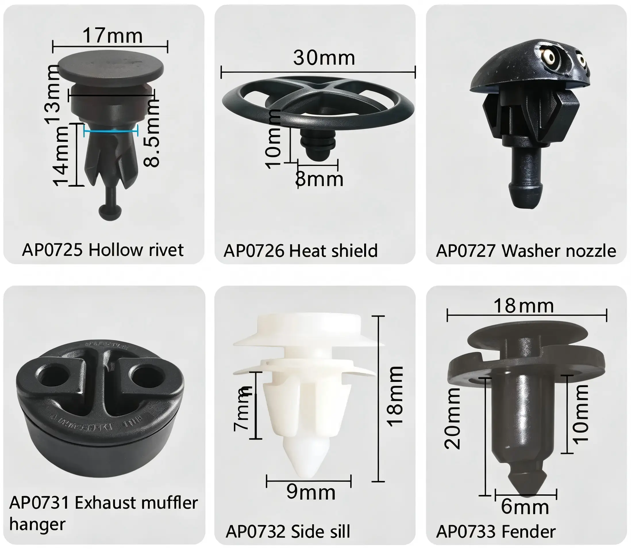Nissan Hollow Rivet, Heat Shield, Washer Nozzle, Exhaust Hanger, Side Sill & Fender Clips