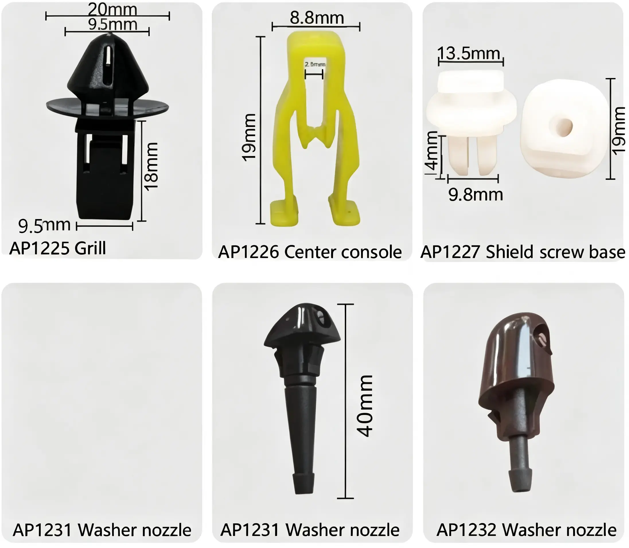 Pickup Front Grill Clip, Center Console Fastener, Shield Screw Base & Windshield Washer Nozzles