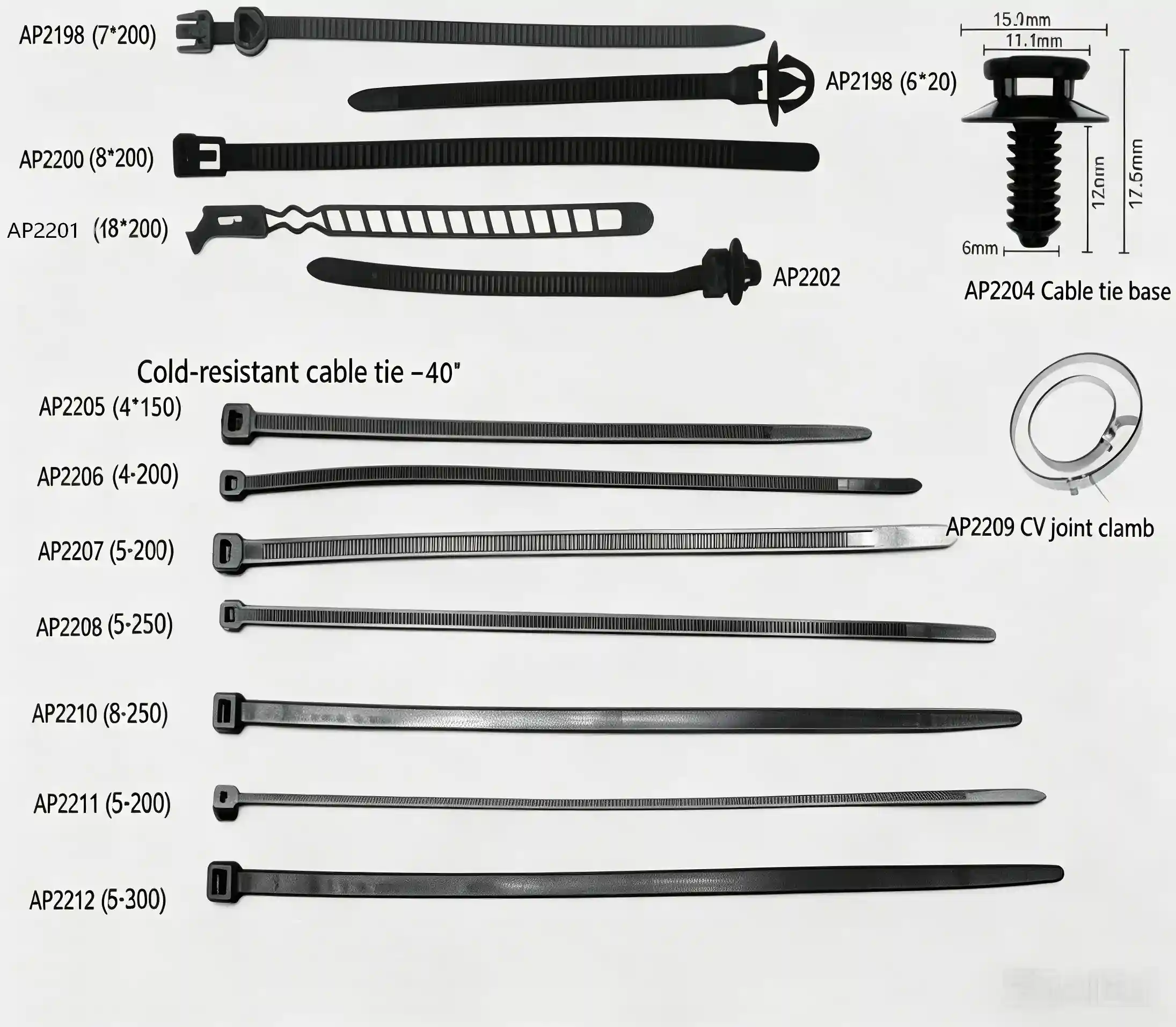 Auto Special Black Cable Ties, Cold Resistant Cable Ties, CV Joint Clamp & Cable Tie Base