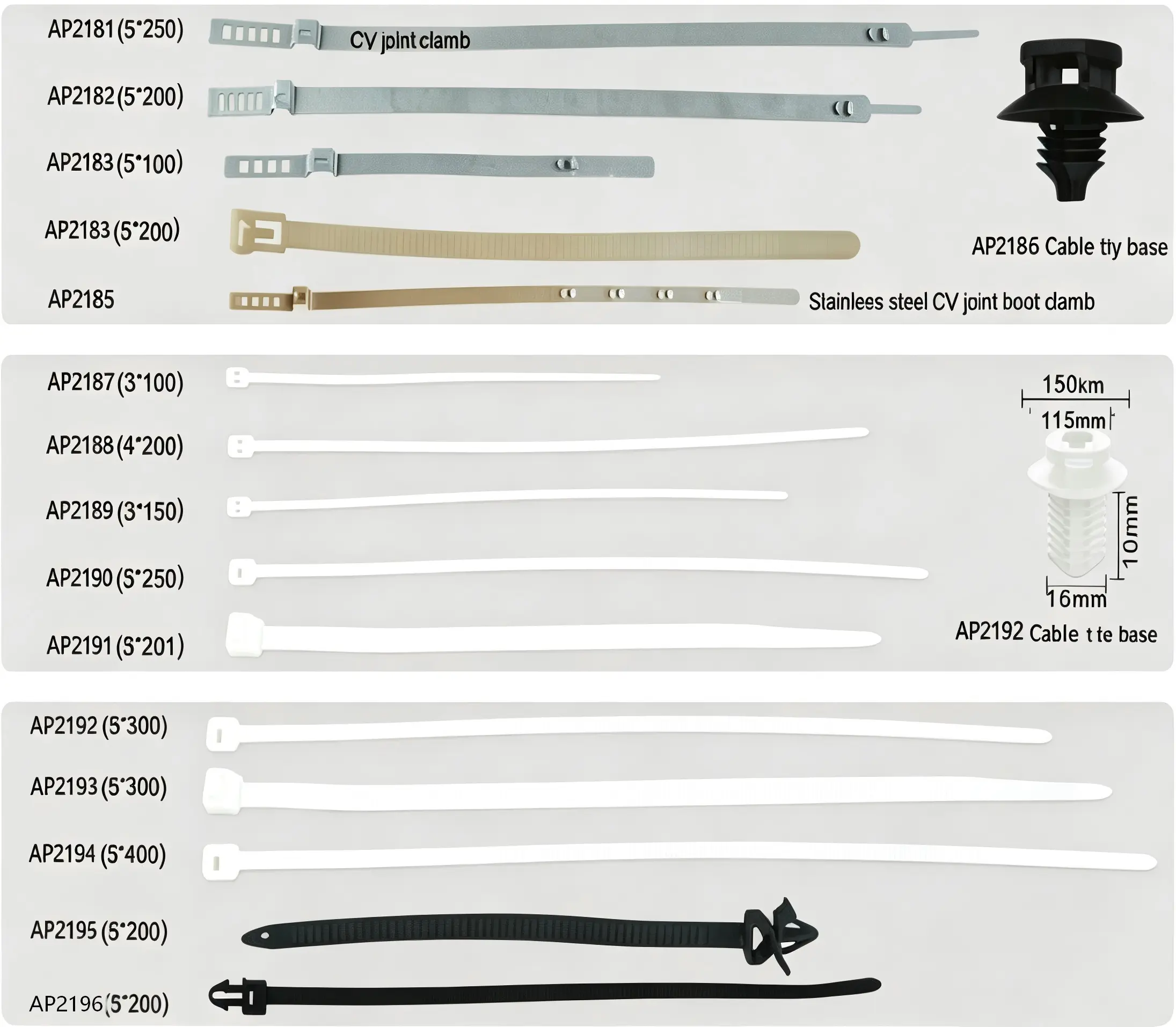 Auto CV Joint Clamps, Stainless Steel Clamps, Nylon Cable Ties & Cable Tie Base Fasteners
